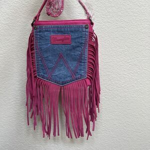 Wrangler Purse Leather Fringe Denim Hot Pink Crossbody Bag WG44-8360HPK Western